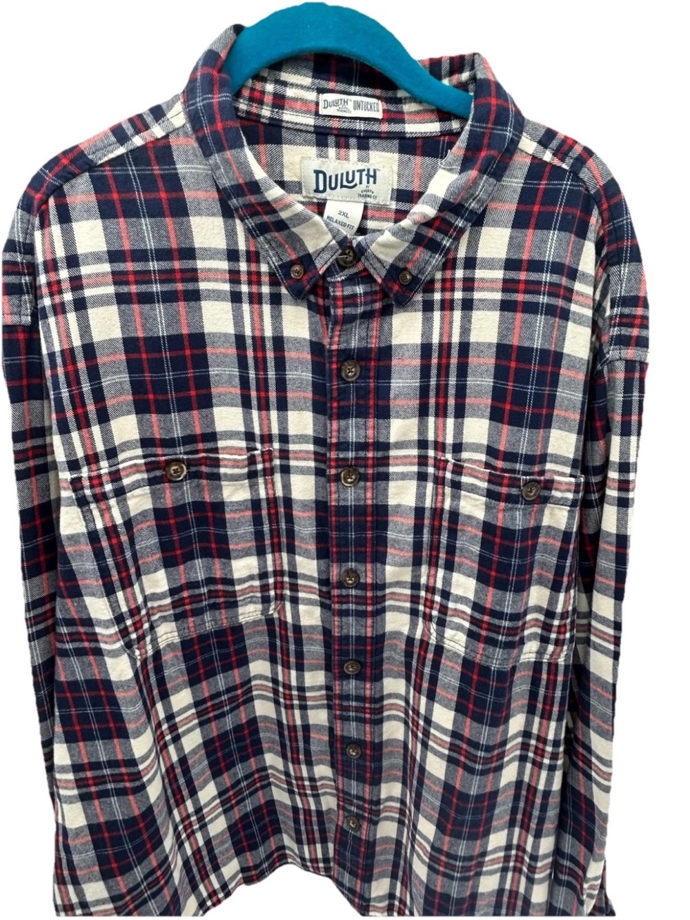 Duluth Trading Co Men’s Navy, Red & White Plaid Button-Down Shirt